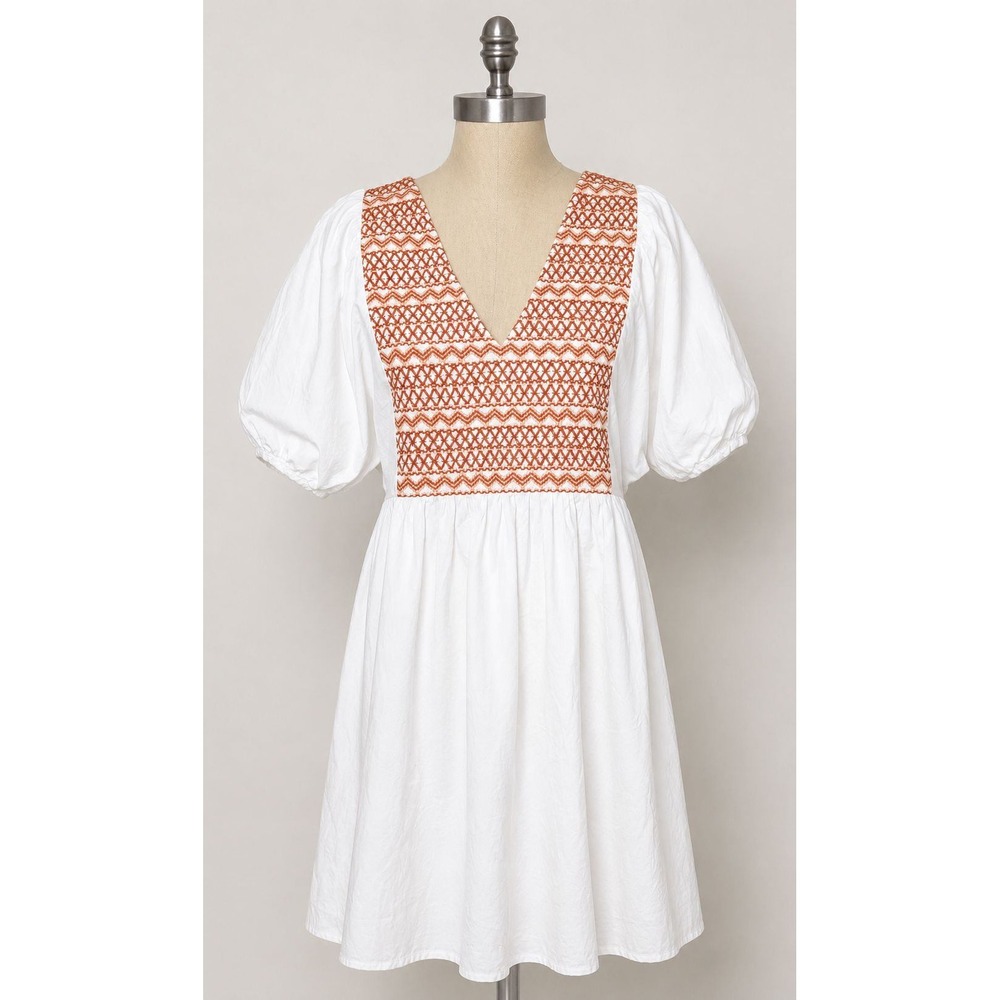 Madewell Smocked V-Neck Puff-Sleeve Embroidered Mini Dress Size M Euro Summer